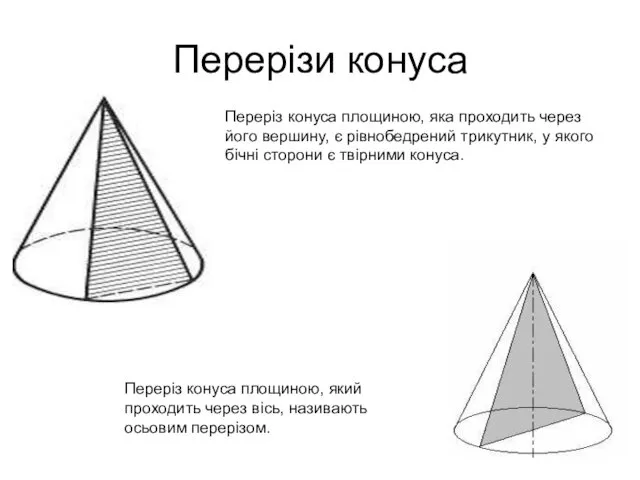 Перерізи конуса Переріз конуса площиною, яка проходить через його вершину, є