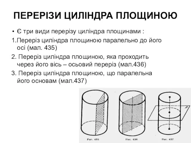 ПЕРЕРІЗИ ЦИЛІНДРА ПЛОЩИНОЮ Є три види перерізу циліндра площинами : 1.Переріз