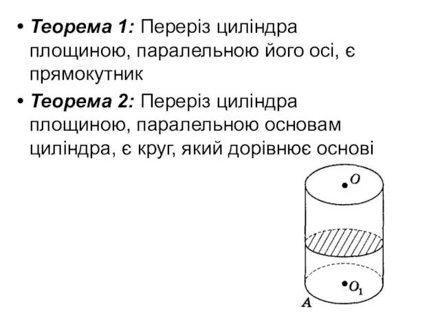 Теорема 1: Переріз циліндра площиною, паралельною його осі, є прямокутник Теорема