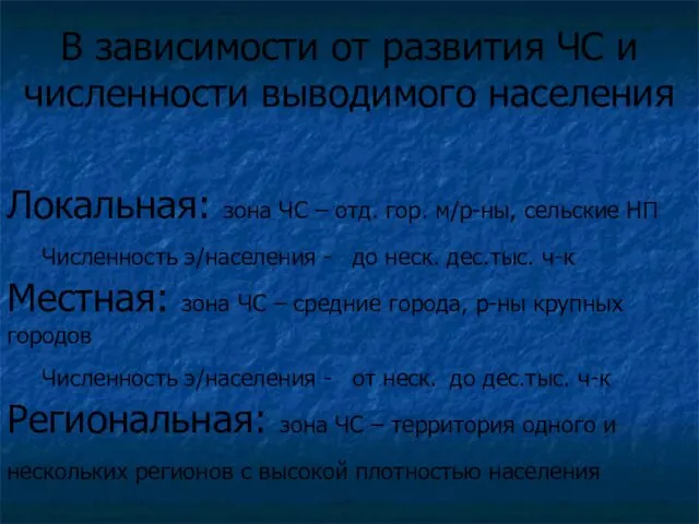 В зависимости от развития ЧС и численности выводимого населения Локальная: зона