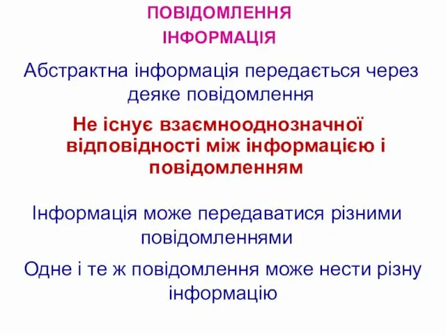 ПОВІДОМЛЕННЯ ІНФОРМАЦІЯ Абстрактна інформація передається через деяке повідомлення Інформація може передаватися