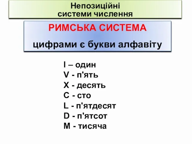 Непозиційні системи числення І – один V - п'ять Х -