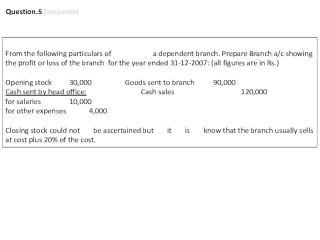 From the following particulars of a dependent branch. Prepare Branch a/c