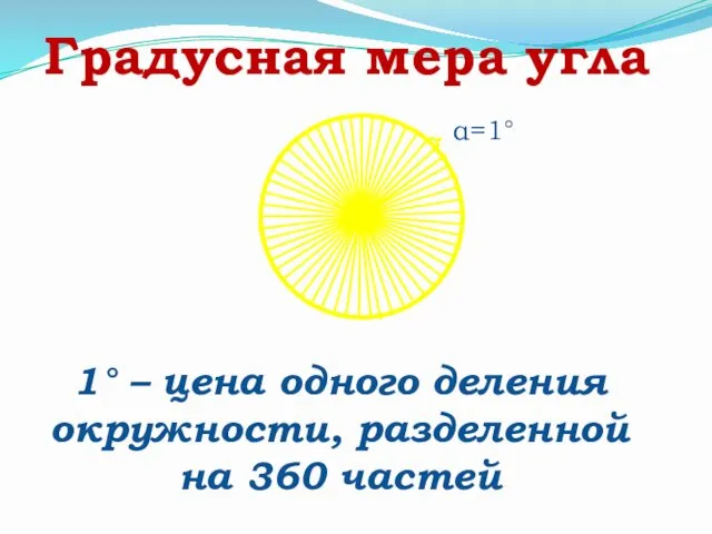 Градусная мера угла 1° – цена одного деления окружности, разделенной на 360 частей α=1°