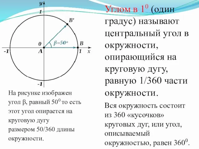 Углом в 10 (один градус) называют центральный угол в окружности, опирающийся