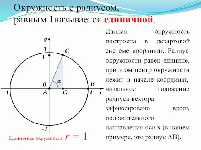 Окружность с радиусом, равным 1называется единичной. Данная окружность построена в декартовой