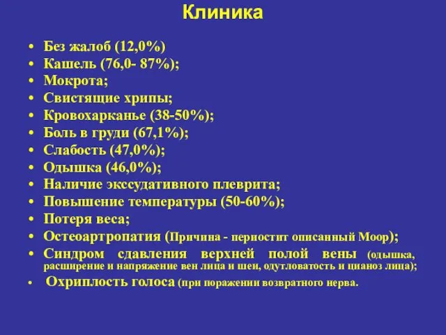 Клиника Без жалоб (12,0%) Кашель (76,0- 87%); Мокрота; Свистящие хрипы; Кровохарканье