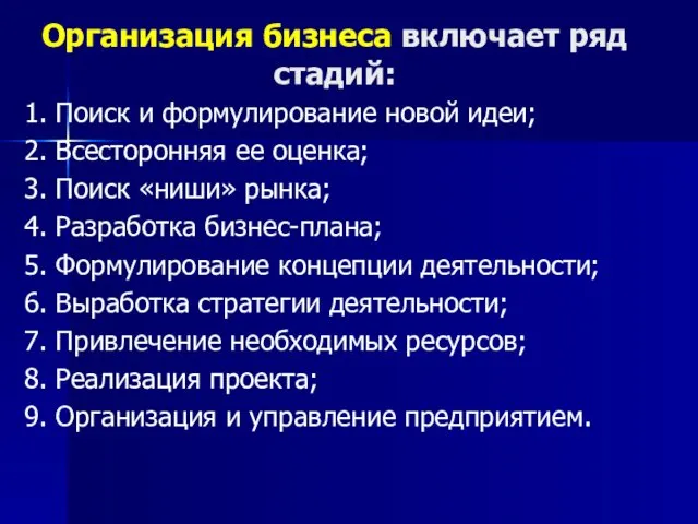 Организация бизнеса включает ряд стадий: 1. Поиск и формулирование новой идеи;