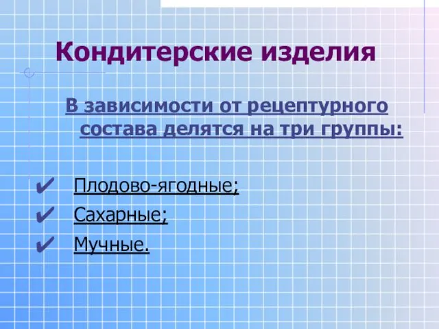 Кондитерские изделия В зависимости от рецептурного состава делятся на три группы: Плодово-ягодные; Сахарные; Мучные.