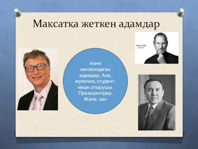 Мақсатқа жеткен адамдар және милиондаған адамдар. Ана, муғалим, студент, көше спырушы. Президентдер. Және сен