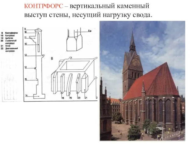 КОНТРФОРС – вертикальный каменный выступ стены, несущий нагрузку свода.