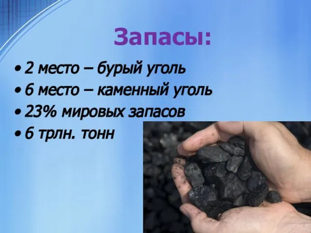 Запасы: 2 место – бурый уголь 6 место – каменный уголь