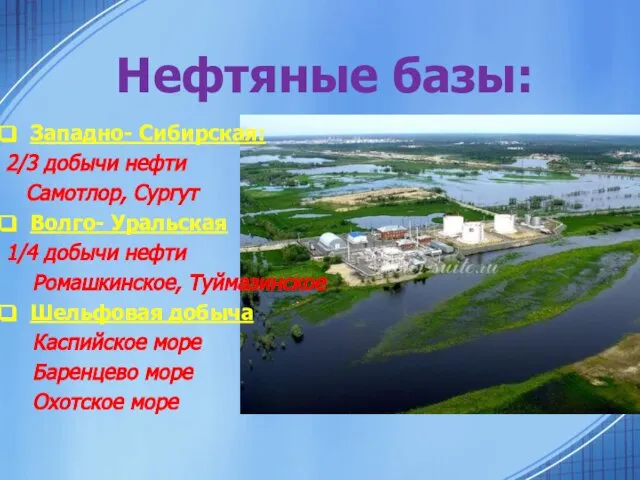 Нефтяные базы: Западно- Сибирская: 2/3 добычи нефти Самотлор, Сургут Волго- Уральская