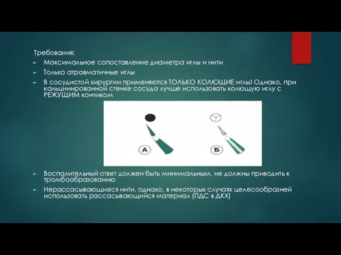 Требования: Максимальное сопоставление диаметра иглы и нити Только атравматичные иглы В