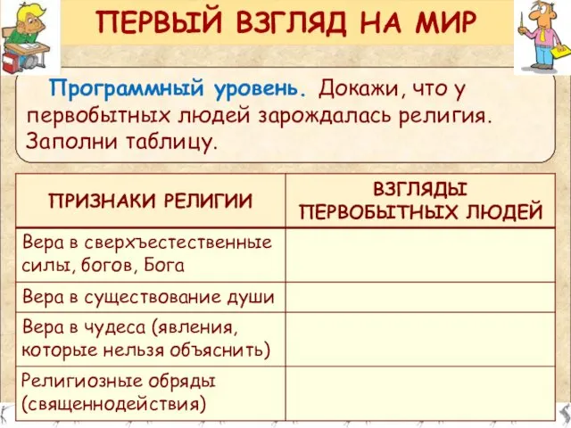 Программный уровень. Докажи, что у первобытных людей зарождалась религия. Заполни таблицу. ПЕРВЫЙ ВЗГЛЯД НА МИР