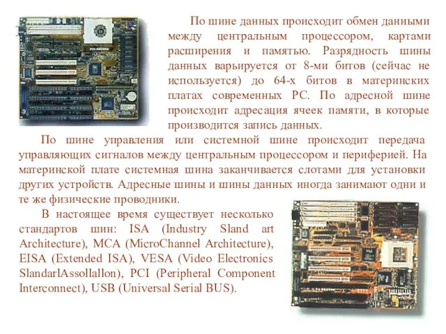 По шине данных происходит обмен данными между центральным процессором, картами расширения