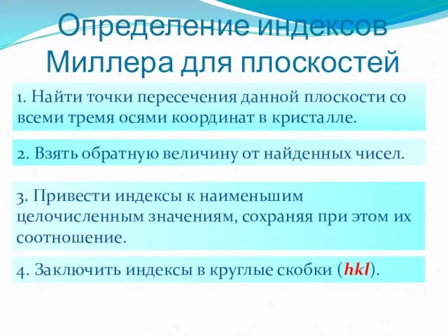 Определение индексов Миллера для плоскостей 1. Найти точки пересечения данной плоскости