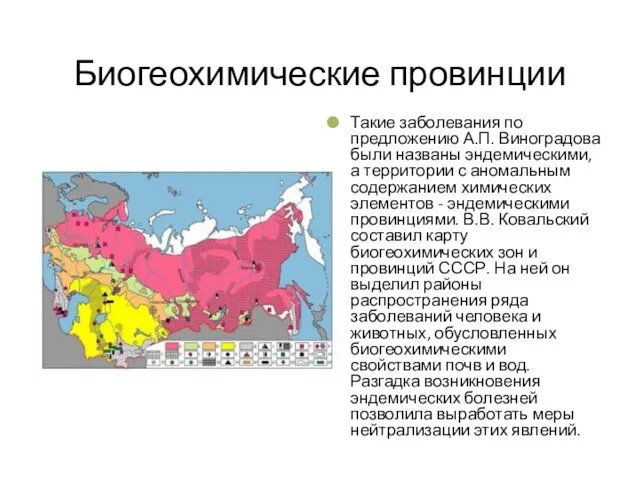 Биогеохимические провинции Такие заболевания по предложению А.П. Виноградова были названы эндемическими,