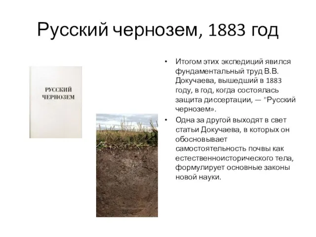 Русский чернозем, 1883 год Итогом этих экспедиций явился фундаментальный труд В.В.