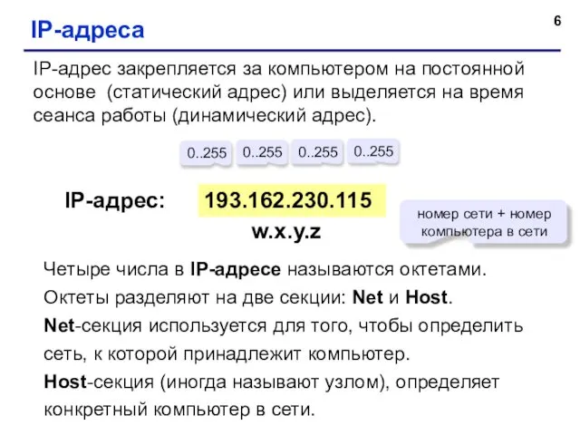 IP-адреса 193.162.230.115 0..255 0..255 0..255 0..255 IP-адрес: w.x.y.z номер сети +