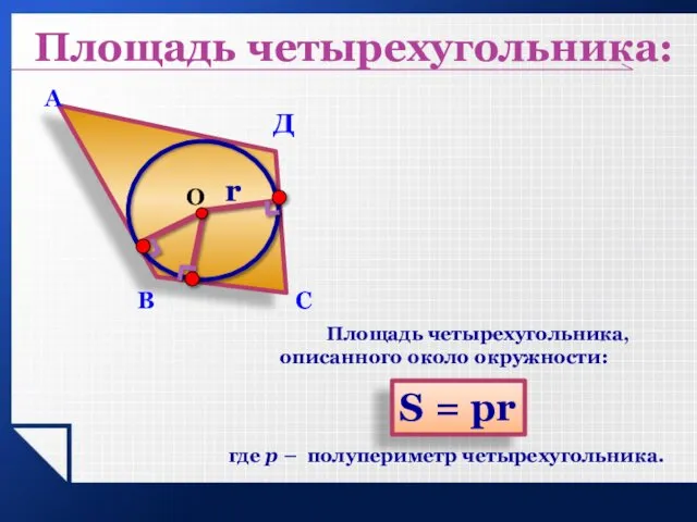 Площадь четырехугольника: r S = рr Д Площадь четырехугольника, описанного около