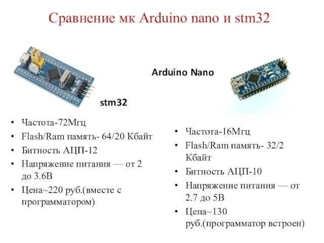 Сравнение мк Arduino nano и stm32 stm32 Частота-72Мгц Flash/Ram память- 64/20