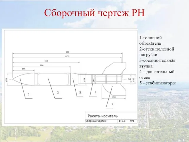 Сборочный чертеж РН 1-головной обтекатель 2-отсек полезной нагрузки 3-соединительная втулка 4