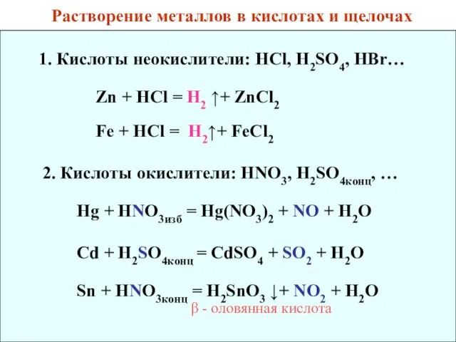 Растворение металлов в кислотах и щелочах 1. Кислоты неокислители: HCl, H2SO4,