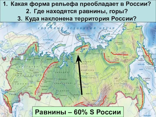 Какая форма рельефа преобладает в России? Где находятся равнины, горы? Куда