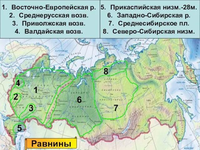 Восточно-Европейская р. Среднерусская возв. Приволжская возв. Валдайская возв. Прикаспийская низм.-28м. Западно-Сибирская