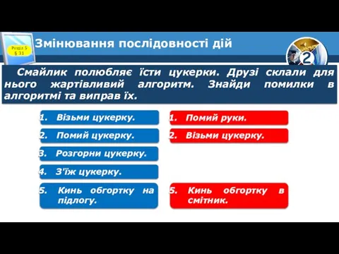 Змінювання послідовності дій Смайлик полюбляє їсти цукерки. Друзі склали для нього