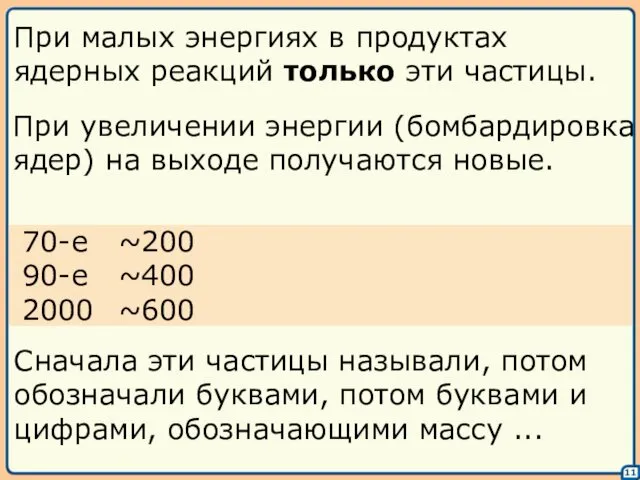 11 При малых энергиях в продуктах ядерных реакций только эти частицы.