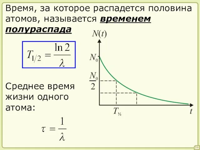 26 Время, за которое распадется половина атомов, называется временем полураспада Среднее время жизни одного атома: