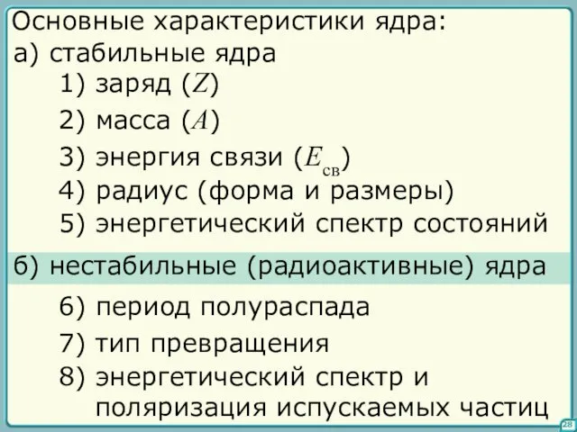 28 Основные характеристики ядра: а) стабильные ядра 1) заряд (Z) 2)