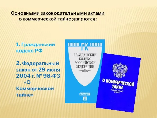 1. Гражданский кодекс РФ 2. Федеральный закон от 29 июля 2004