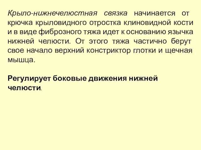 Крыло-нижнечелюстная связка начинается от крючка крыловидного отростка клиновидной кости и в