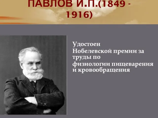 ПАВЛОВ И.П.(1849 - 1916) Удостоен Нобелевской премии за труды по физиологии пищеварения и кровообращения