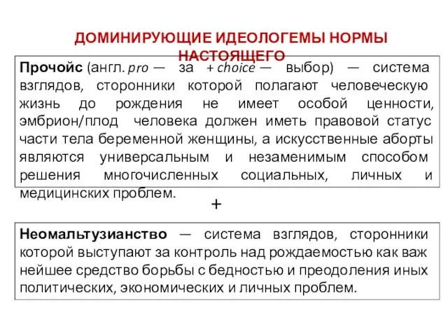 ДОМИНИРУЮЩИЕ ИДЕОЛОГЕМЫ НОРМЫ НАСТОЯЩЕГО Неомальтузианство — система взглядов, сторонники которой выступают