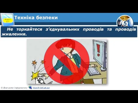 Техніка безпеки Розділ 1 § 1 Не торкайтеся з’єднувальних проводів та проводів живлення.