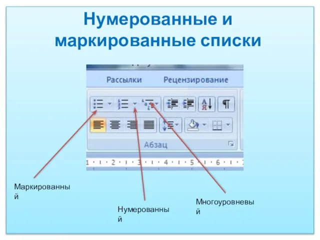 Нумерованные и маркированные списки Маркированный Нумерованный Многоуровневый