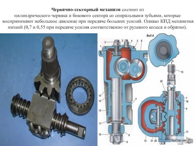 Червячно-секторный механизм состоит из цилиндрического червяка и бокового сектора со спиральными