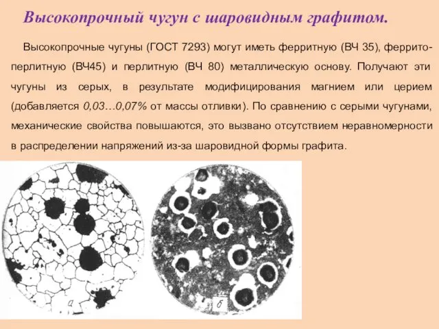 Высокопрочный чугун с шаровидным графитом. Высокопрочные чугуны (ГОСТ 7293) могут иметь