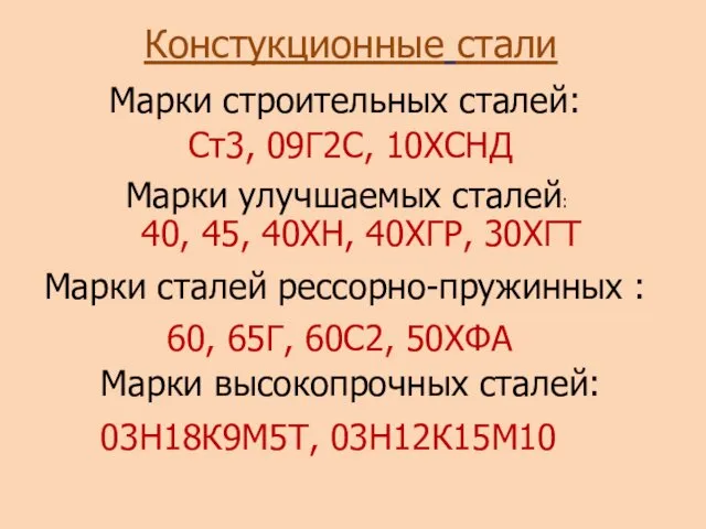 Марки строительных сталей: Ст3, 09Г2С, 10ХСНД Констукционные стали Марки улучшаемых сталей: