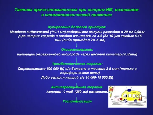 Тактика врача-стоматолога при остром ИМ, возникшем в стоматологической практике Купирование болевого