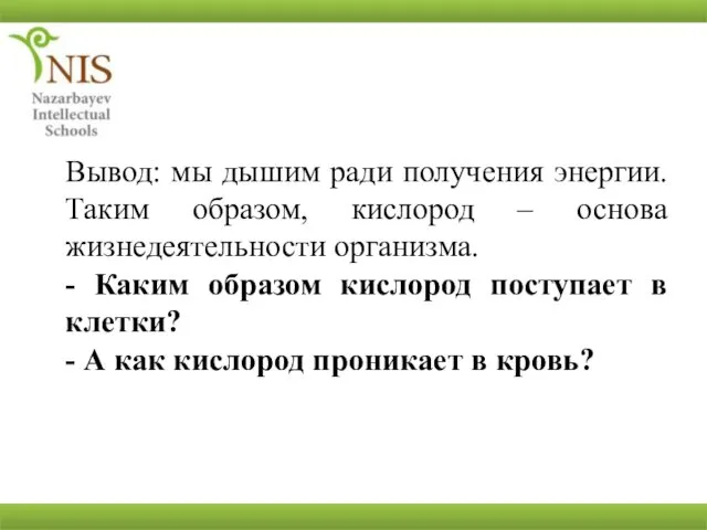 Вывод: мы дышим ради получения энергии. Таким образом, кислород – основа