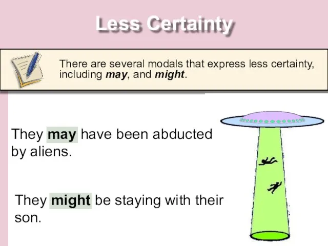 Less Certainty There are several modals that express less certainty, including