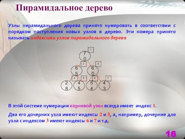 Пирамидальное дерево Узлы пирамидального дерева принято нумеровать в соответствии с порядком