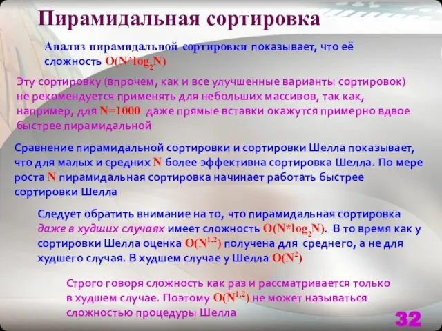 Пирамидальная сортировка Анализ пирамидальной сортировки показывает, что её сложность O(N*log2N) Эту