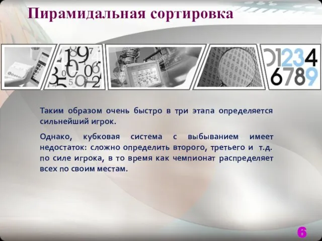 Пирамидальная сортировка Таким образом очень быстро в три этапа определяется сильнейший