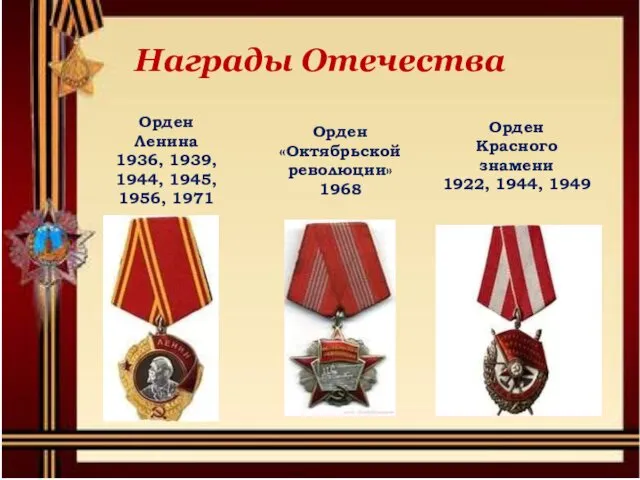 Награды Отечества Орден Ленина 1936, 1939, 1944, 1945, 1956, 1971 Орден